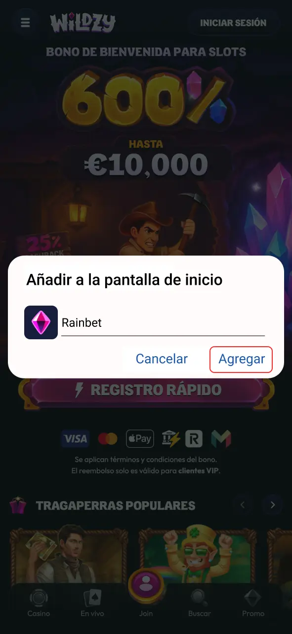 Confirma la instalación para tener el casino Wildzy en tu pantalla de inicio.
