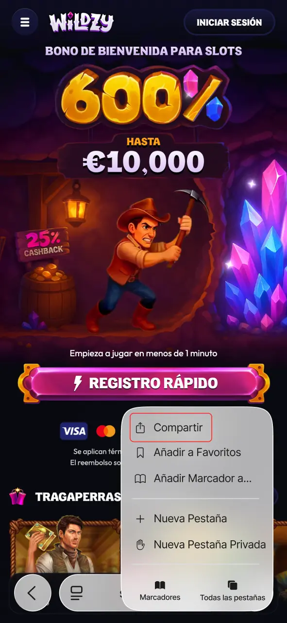 Toca el icono de compartir abajo y entra rápido al casino Wildzy.