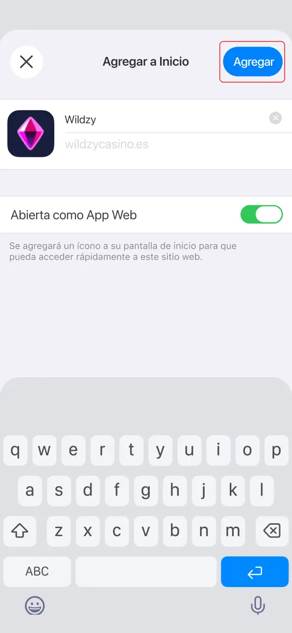 Confirma la instalación en Safari para tener el casino Wildzy en tu móvil.