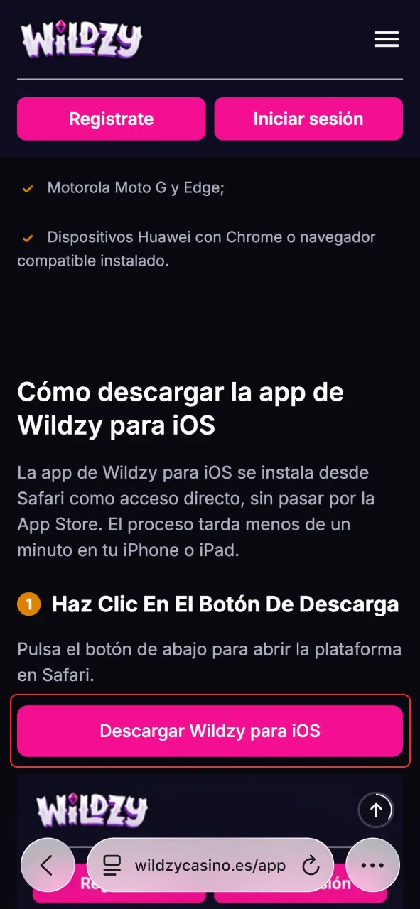 Pulsa el botón de abajo y abre el casino Wildzy en Safari hoy.