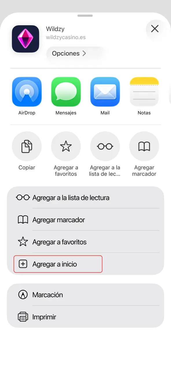 Busca la opción en el menú de Safari y entra al casino Wildzy.